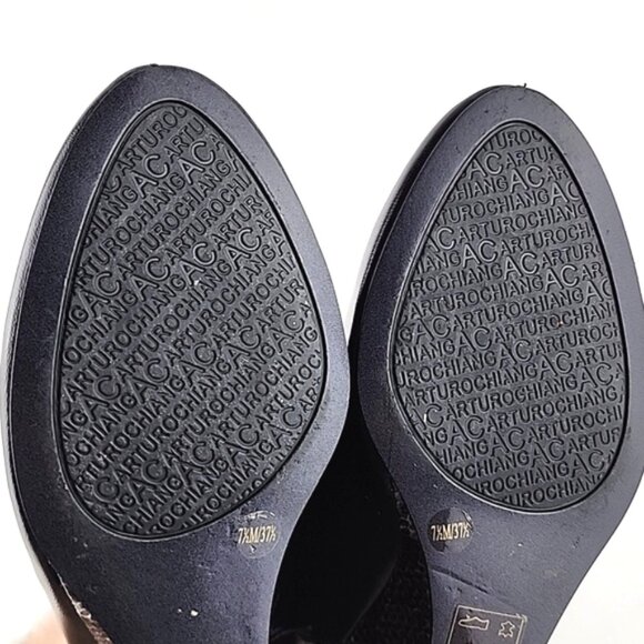 ARTURO CHIANG Black Leather Reptile Print Wedge Slingback Shoe Peep Toe Sz 7.5M - Picture 12 of 16